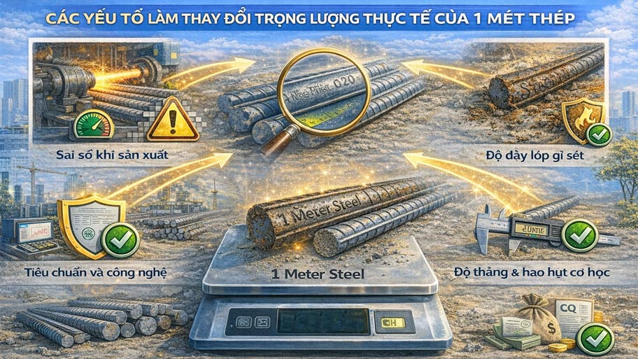 Yếu tố làm thay đổi trọng lượng thực tế của 1 mét thép