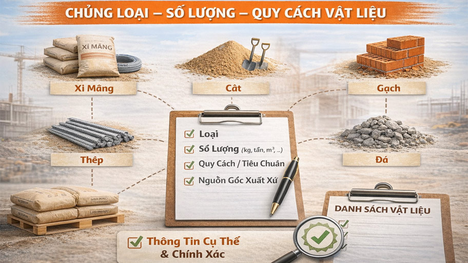 Chủng loại - số lượng - quy cách vật liệu