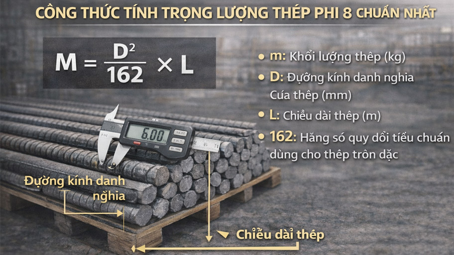 Công thức tính trọng lượng thép phi 8